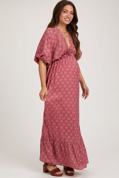 Orange Deep V-Neck Short Puff Sleeve Ruffle Maternity Maxi Dress