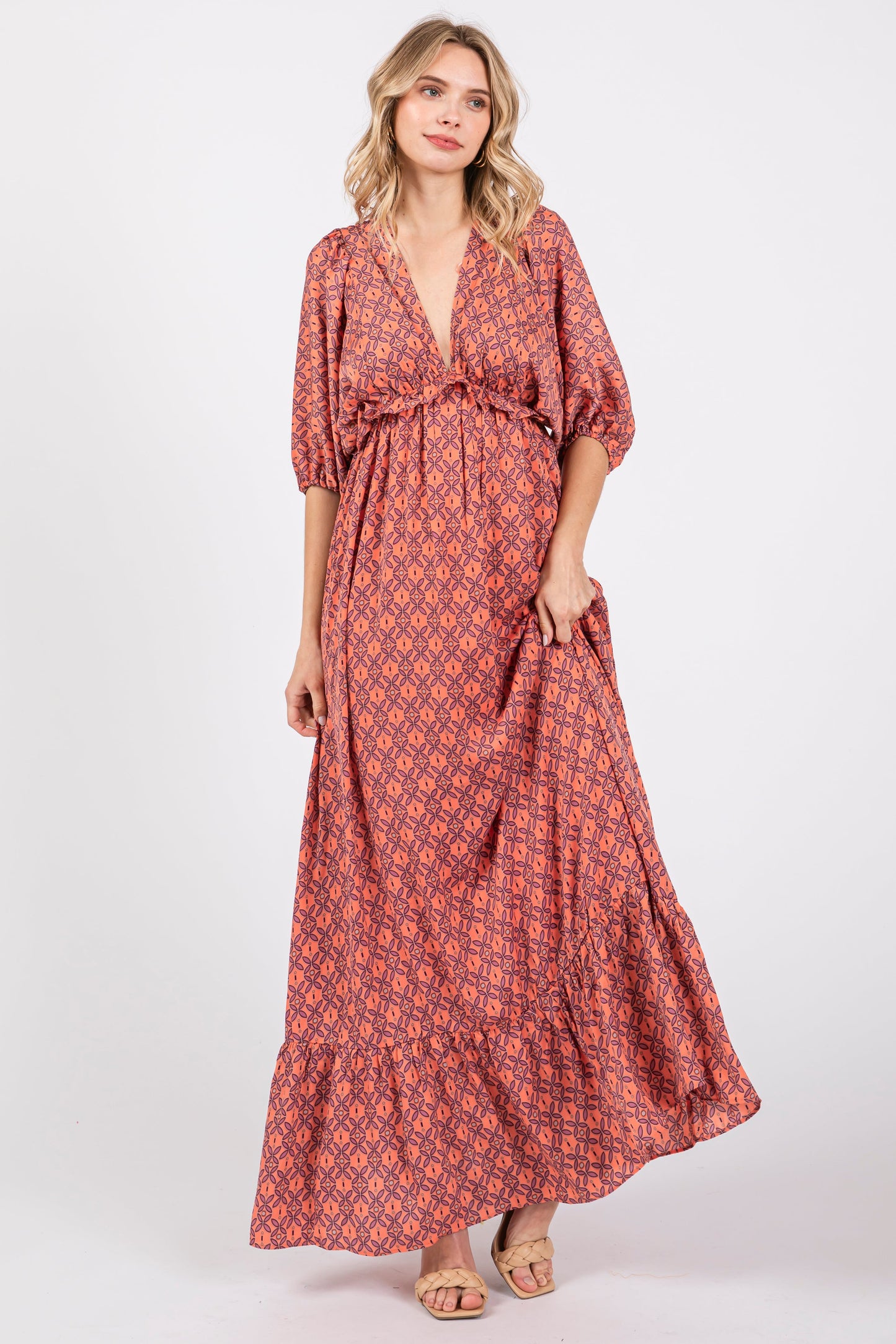 Orange Deep V-Neck Short Puff Sleeve Ruffle Maternity Maxi Dress