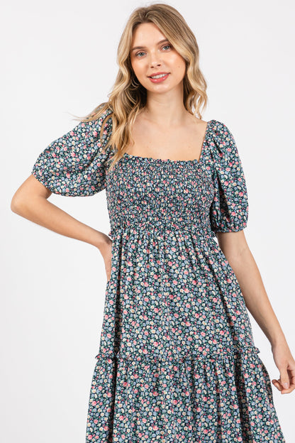 Navy Floral Smocked Tiered Puff Sleeve Maxi Dress
