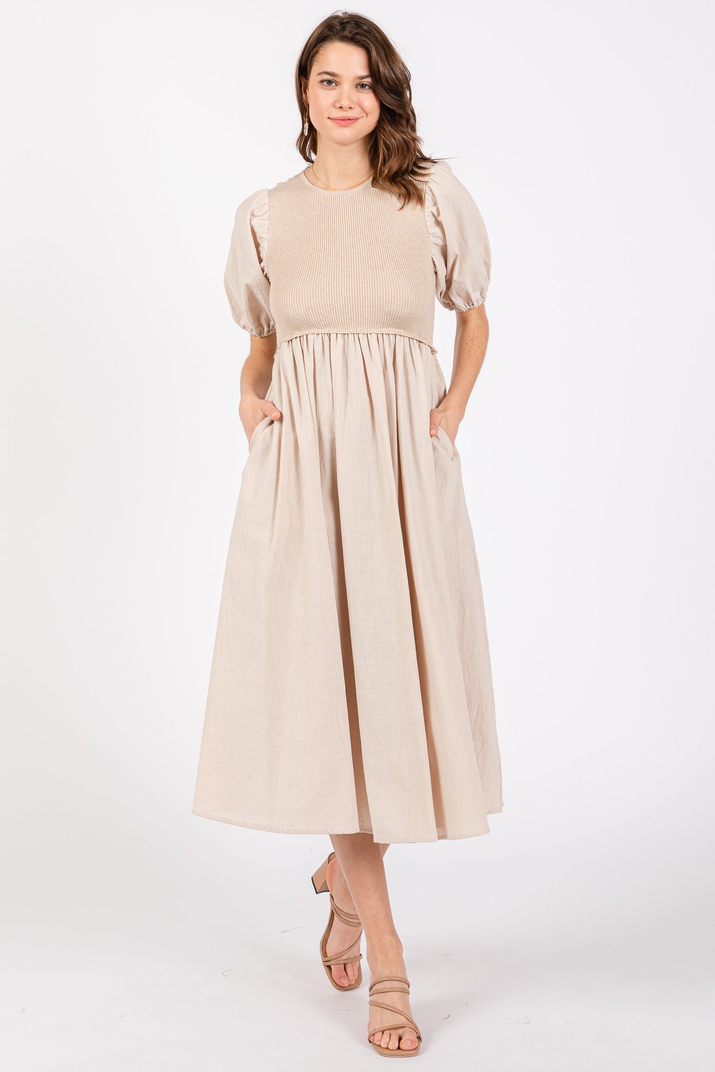 Beige Ribbed Bodice Puff Sleeve Maternity Midi Dress