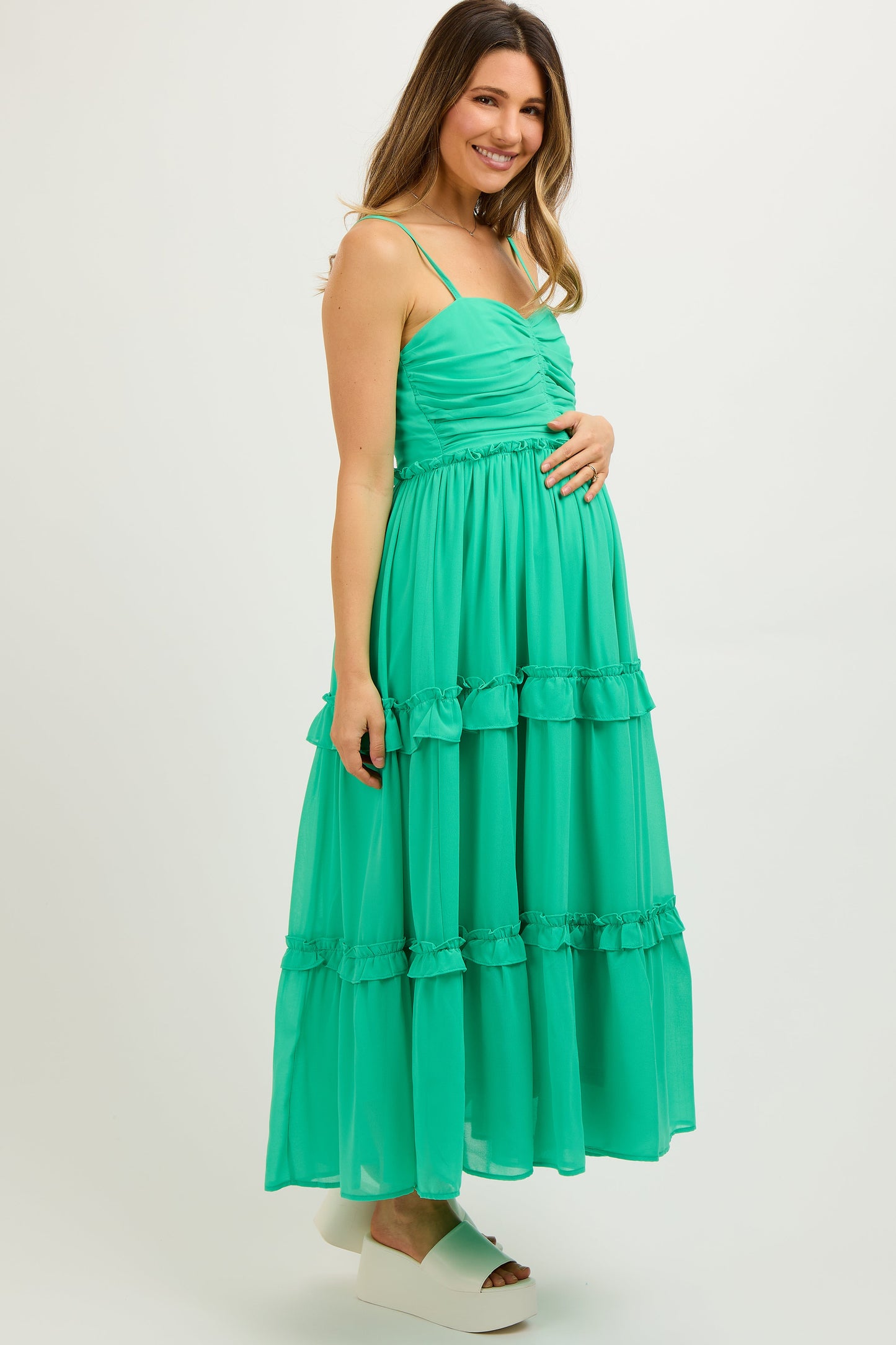 Green Sleeveless Pleated Ruffle Tiered Maternity Midi Dress