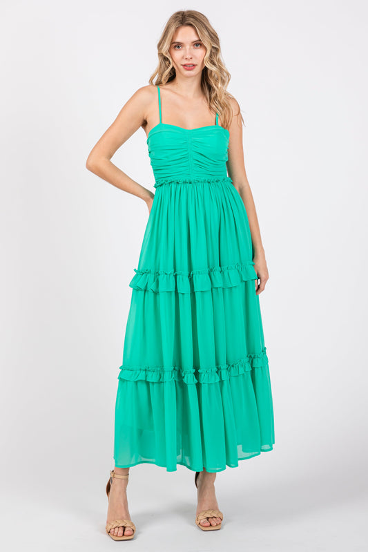 Green Sleeveless Pleated Ruffle Tiered Midi Dress