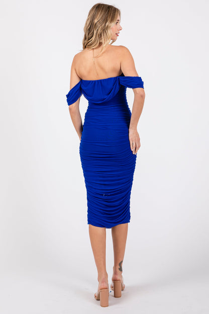 Royal Off Shoulder Sleeveless Ruched Mesh Midi Dress