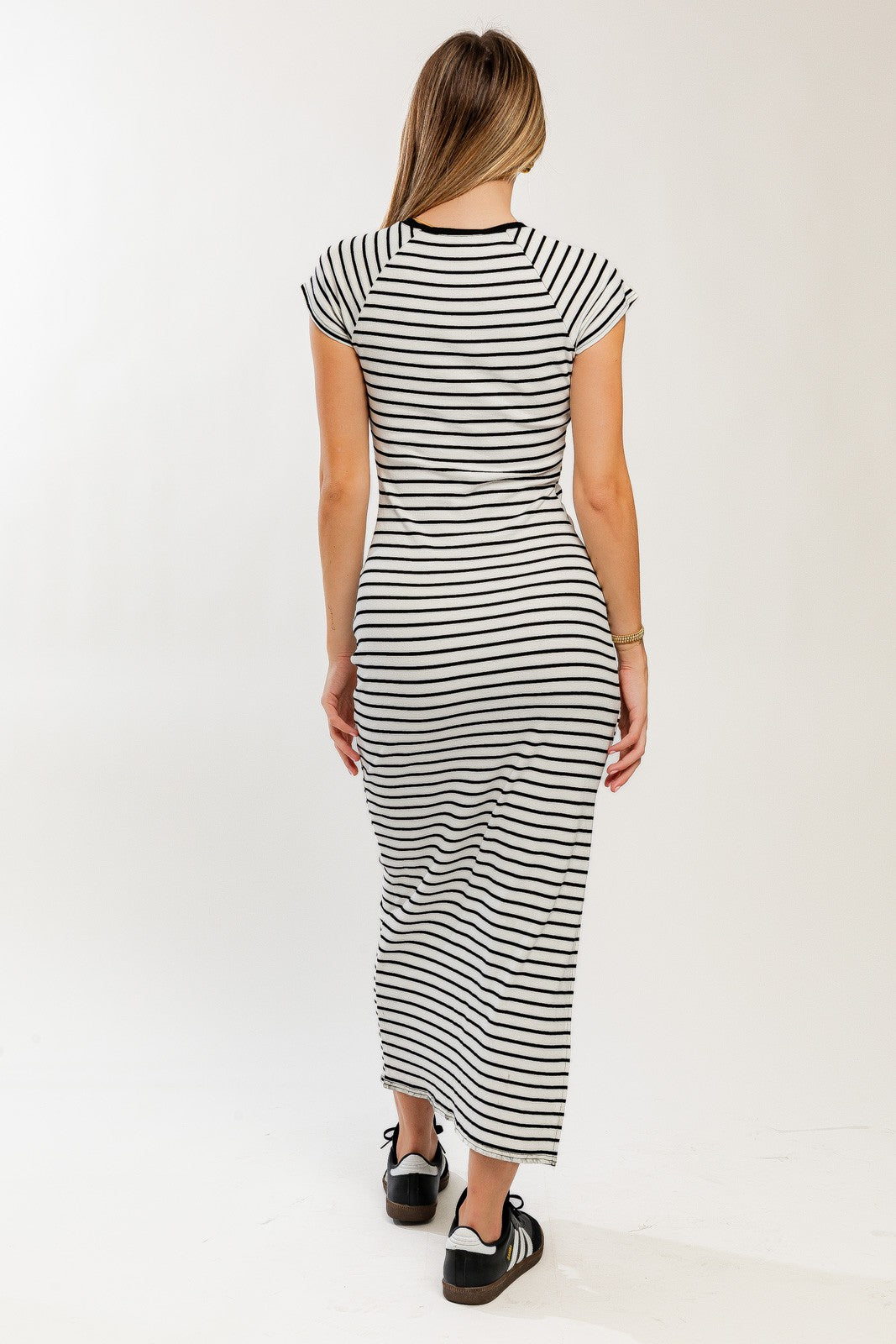 White Black Striped Side Slit Fitted Maxi Dress