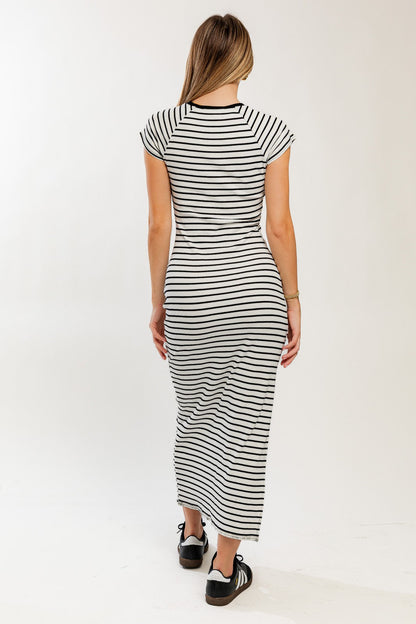 White Black Striped Side Slit Fitted Maxi Dress