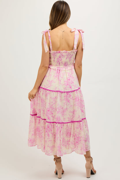 Pink Floral Sleeveless Ruffle Tiered Maternity Midi Dress