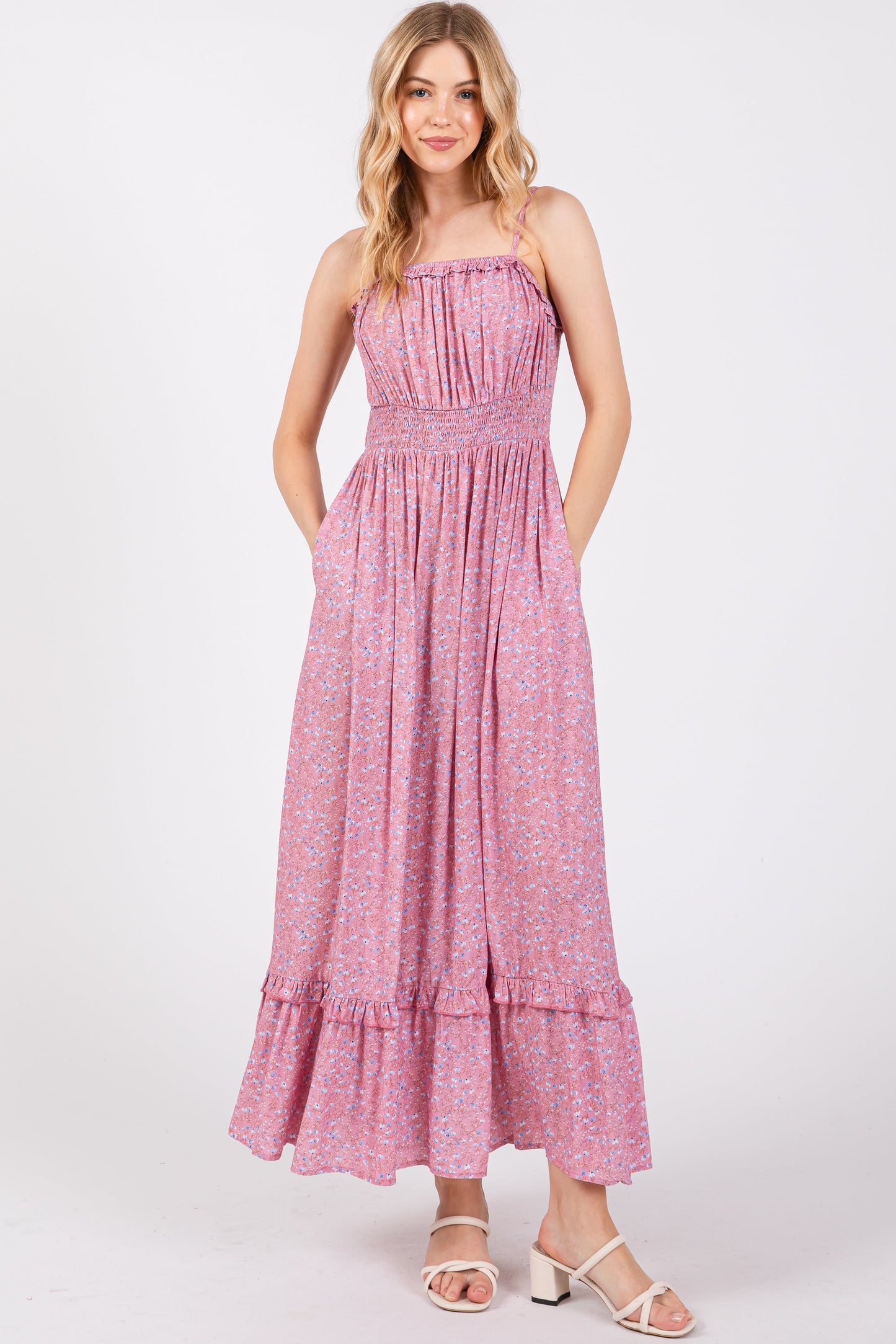 Pink Floral Ruffle Square Neck Smocked Waist Maxi Dress