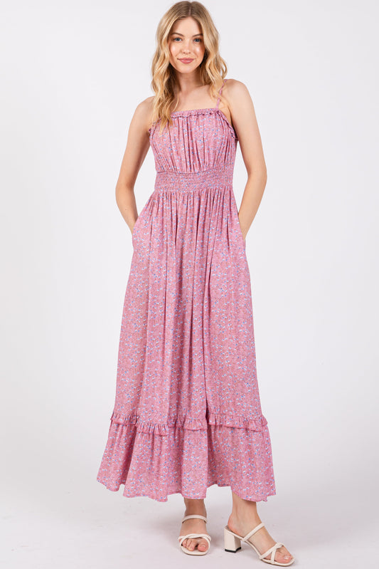 Pink Floral Ruffle Square Neck Smocked Waist Maxi Dress