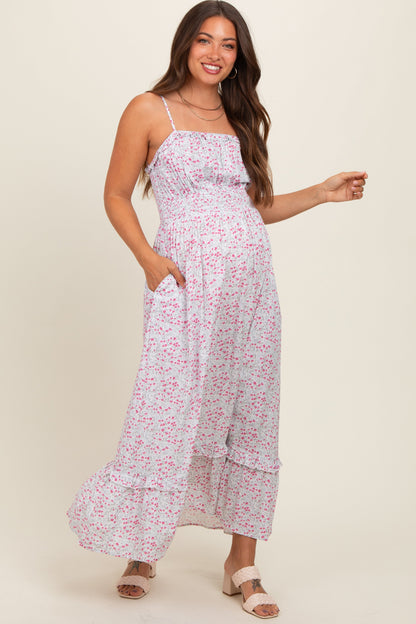 Cream Floral Ruffle Square Neck Smocked Waist Maternity Maxi Dress
