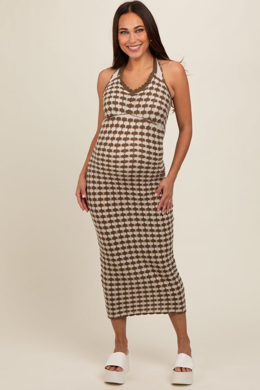 Olive Crochet Knit Ruffle Strap Maternity Midi Dress