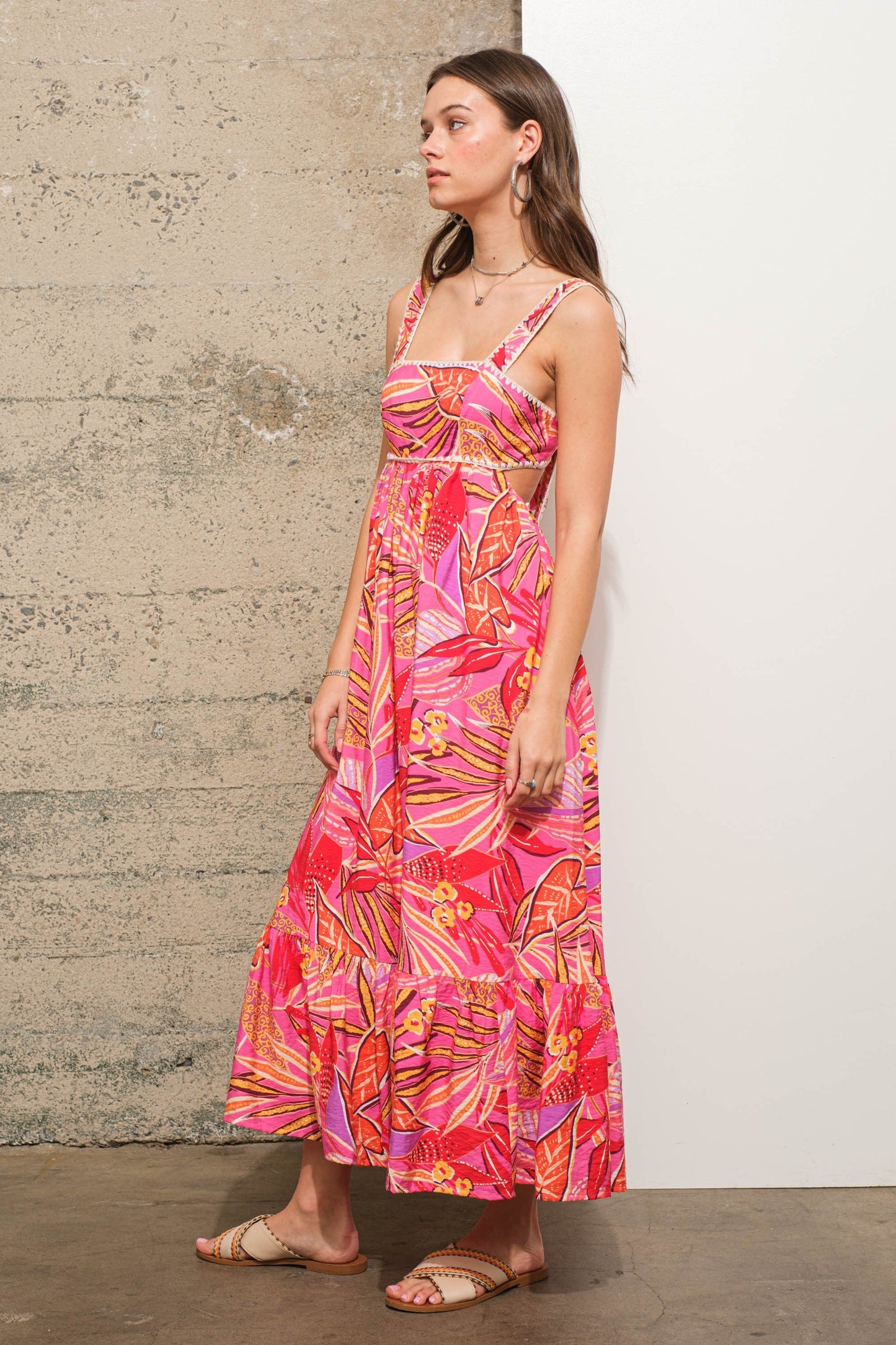 Fuchsia Tropical Back Tie Cutout Maxi Dress