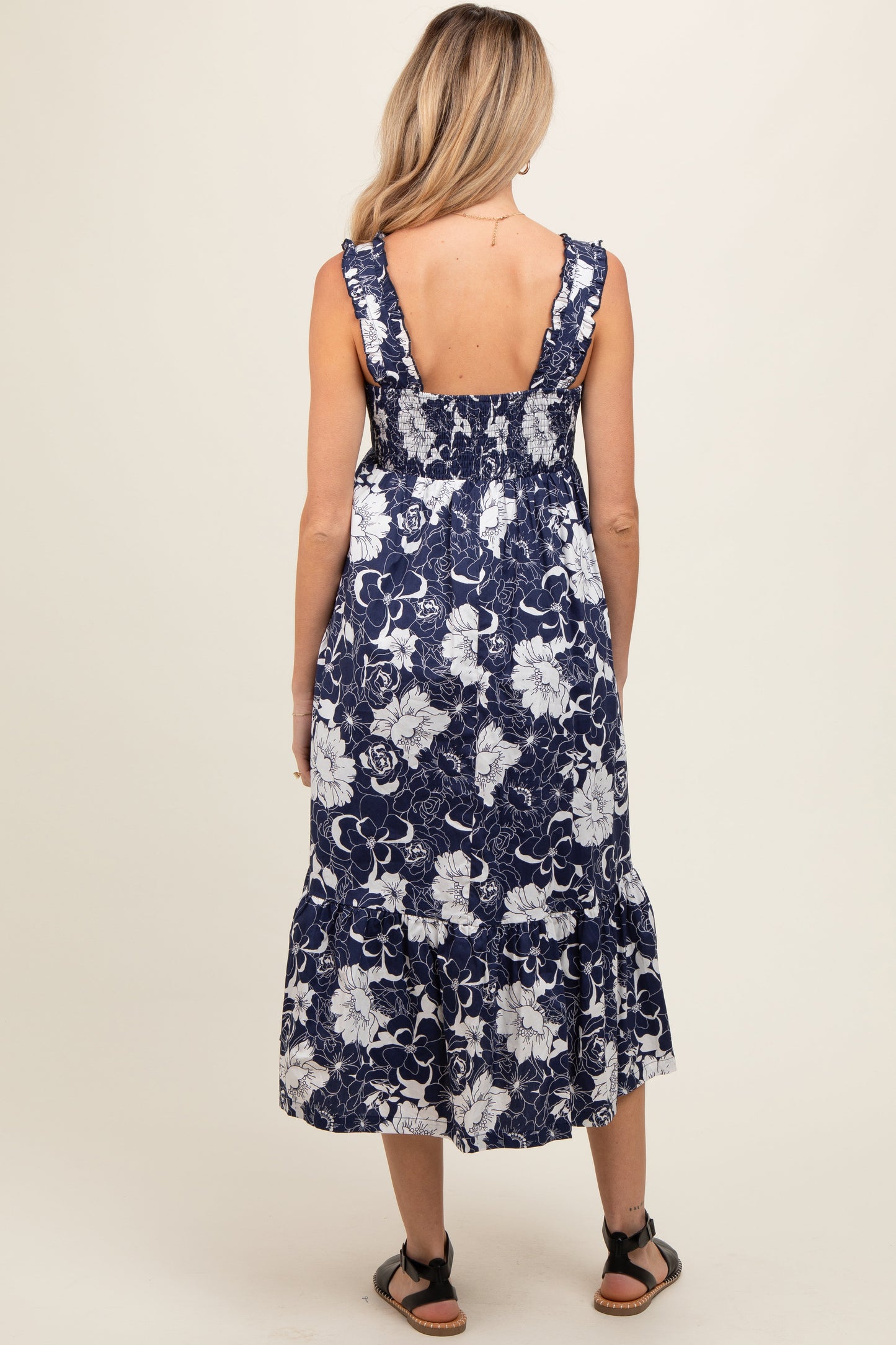 Navy Floral Tiered Sleeveless Maternity Midi Dress