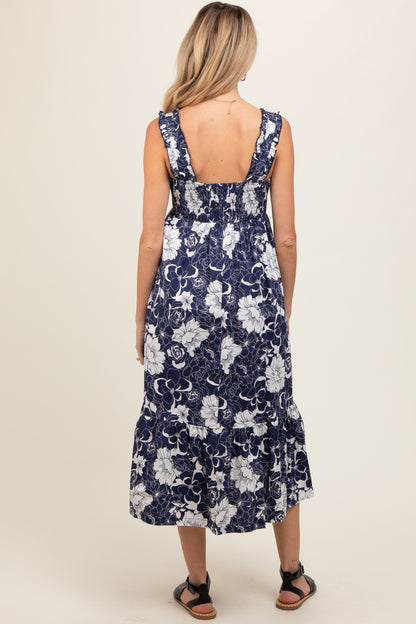 Navy Floral Tiered Sleeveless Maternity Midi Dress