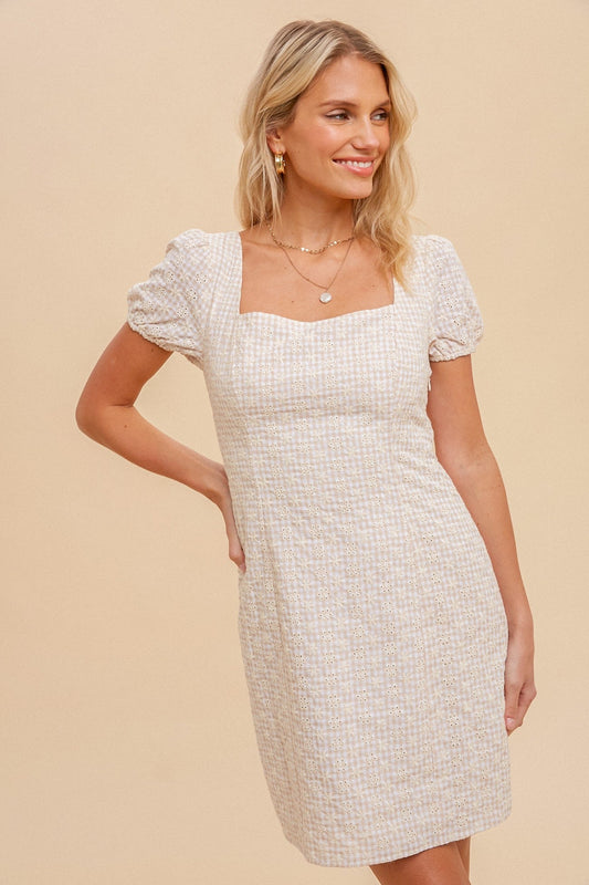 Tan Lace Up Back Puff Sleeve Square Neck Mini Dress
