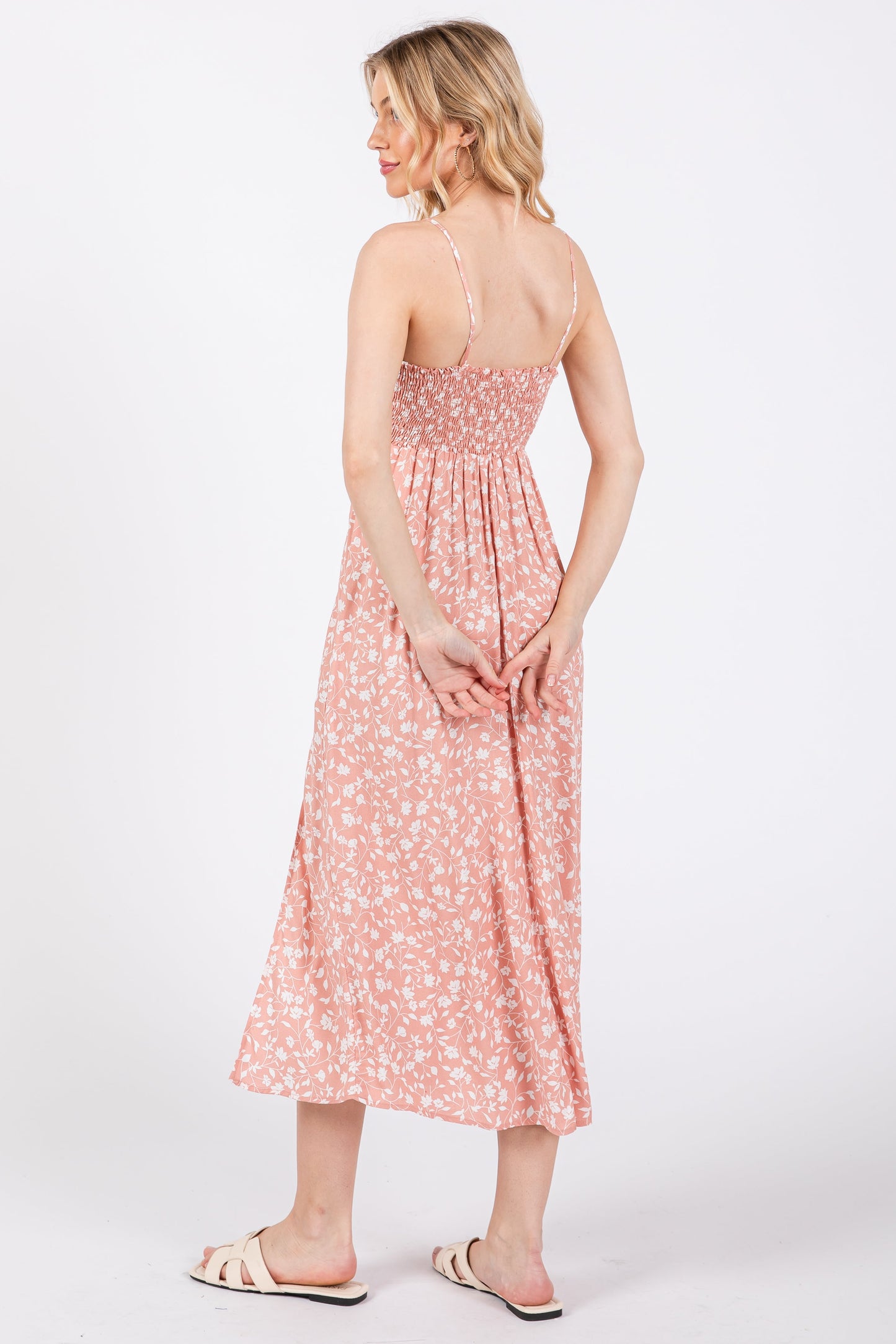 Pink Floral Side Slit Midi Dress