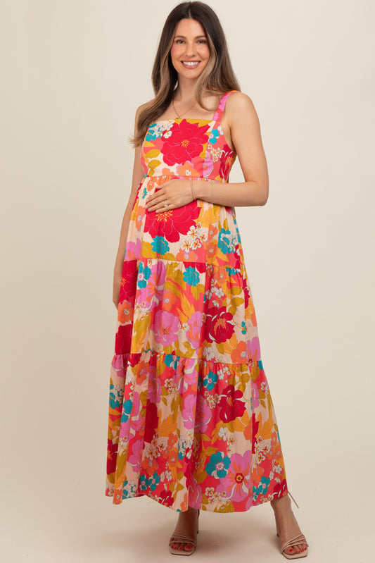 Coral Multi-Color Floral Tiered Cutout Back Maternity Dress