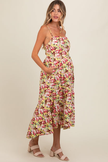 Yellow Floral Tiered Hi-Low Maternity Midi Dress