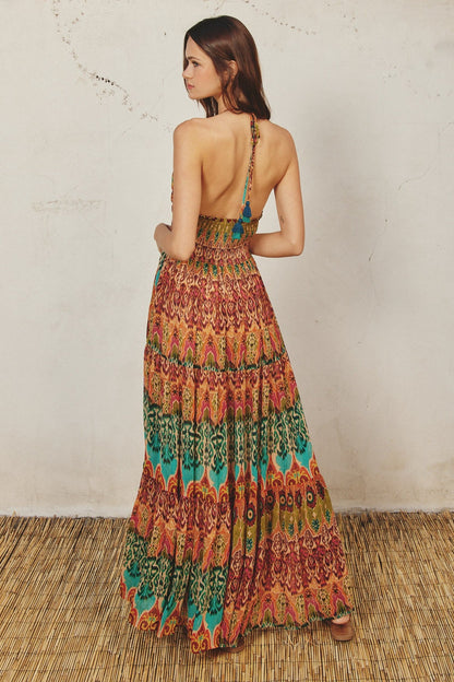 Green Damask Halter Maxi Dress