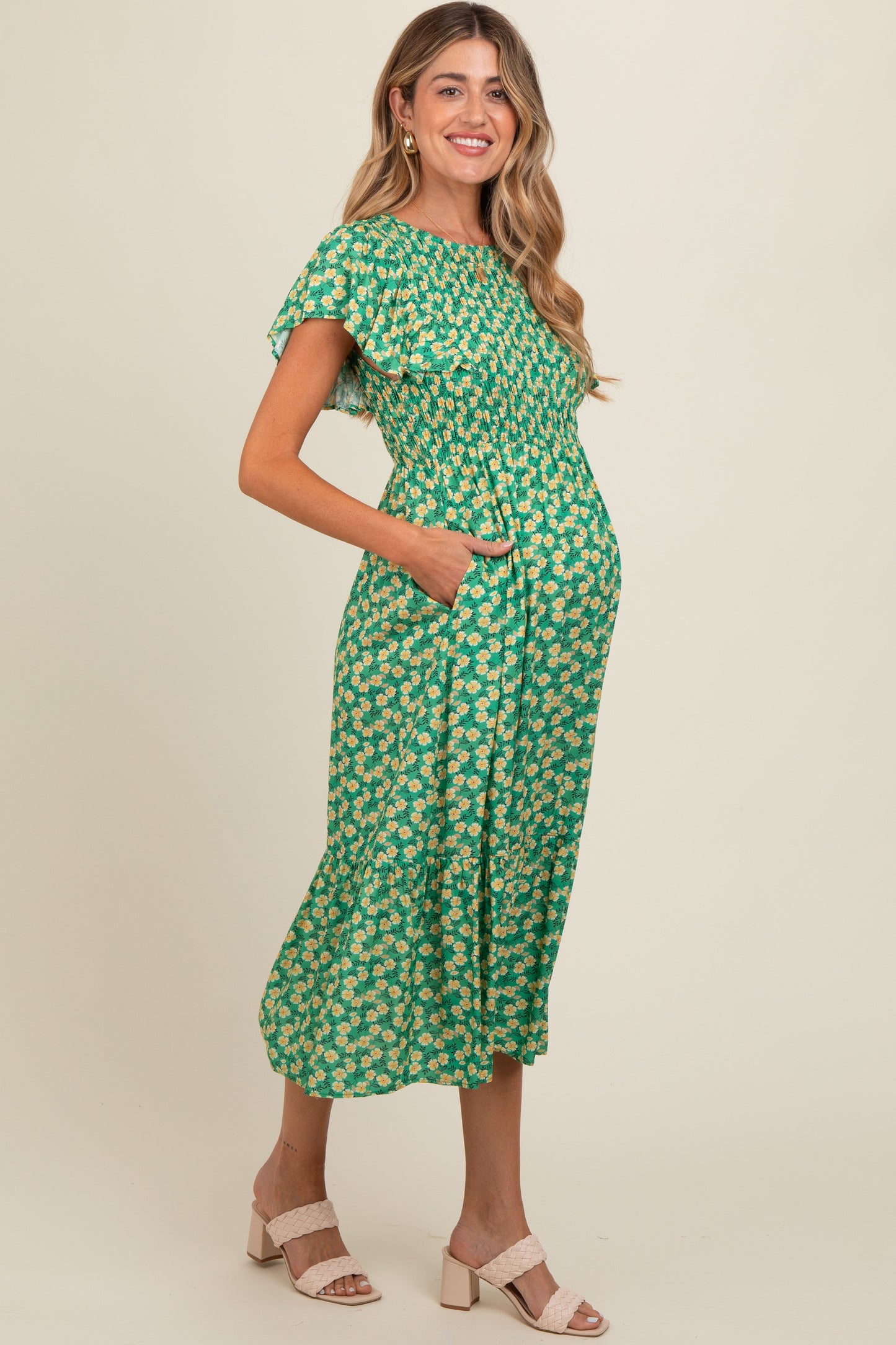 Green Floral Smocked Maternity Midi Dress