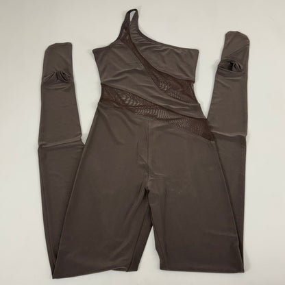 NORMA KAMALI One Shoulder Snake Mesh Catsuit Footsie Women's Sz L/40 Chocolate