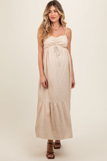 Beige Linen Front Cinch Maternity Midi Dress