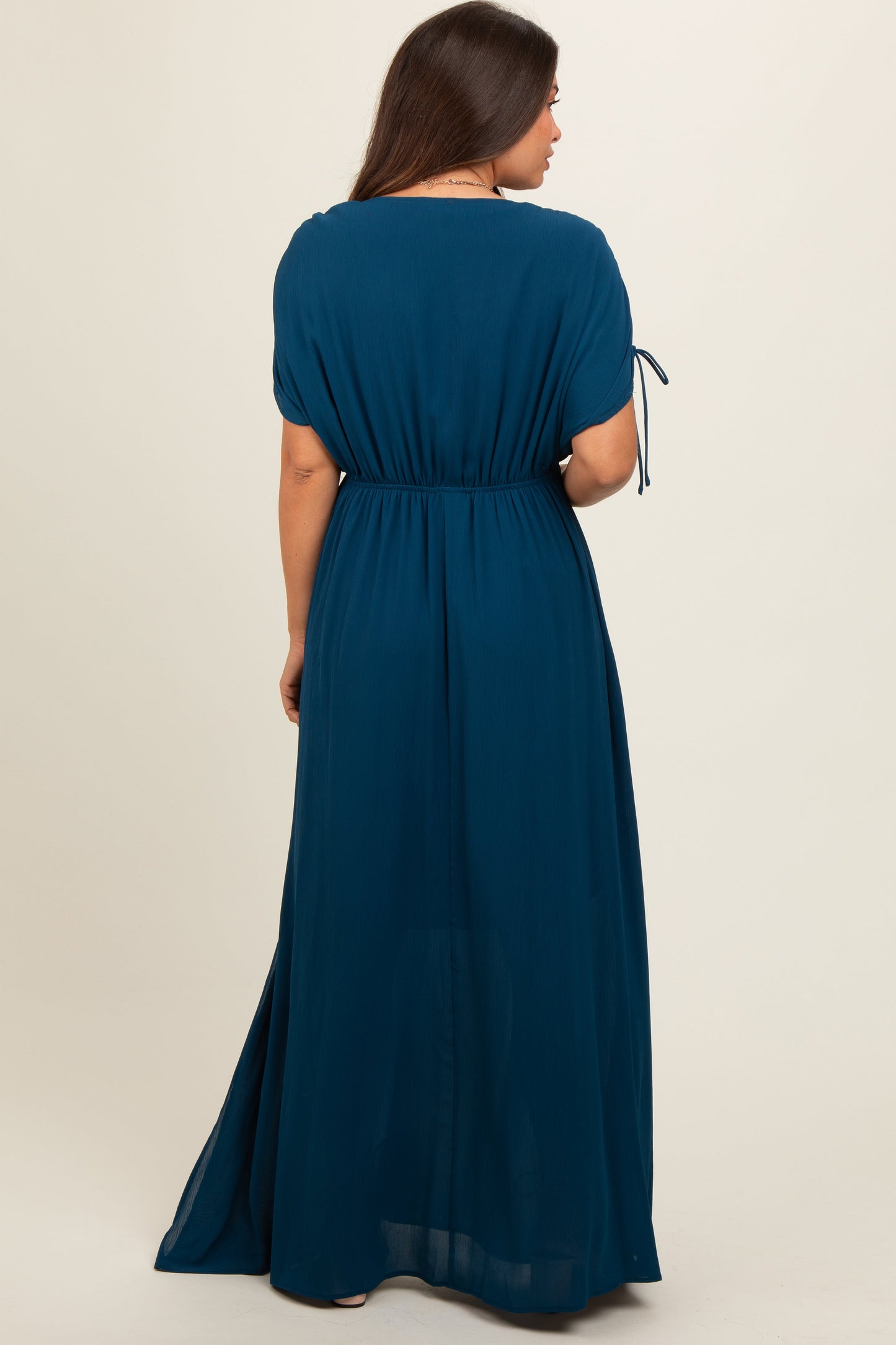 Navy Blue V-Neck Drawstring Short Sleeve Side Slit Maternity Maxi Dress