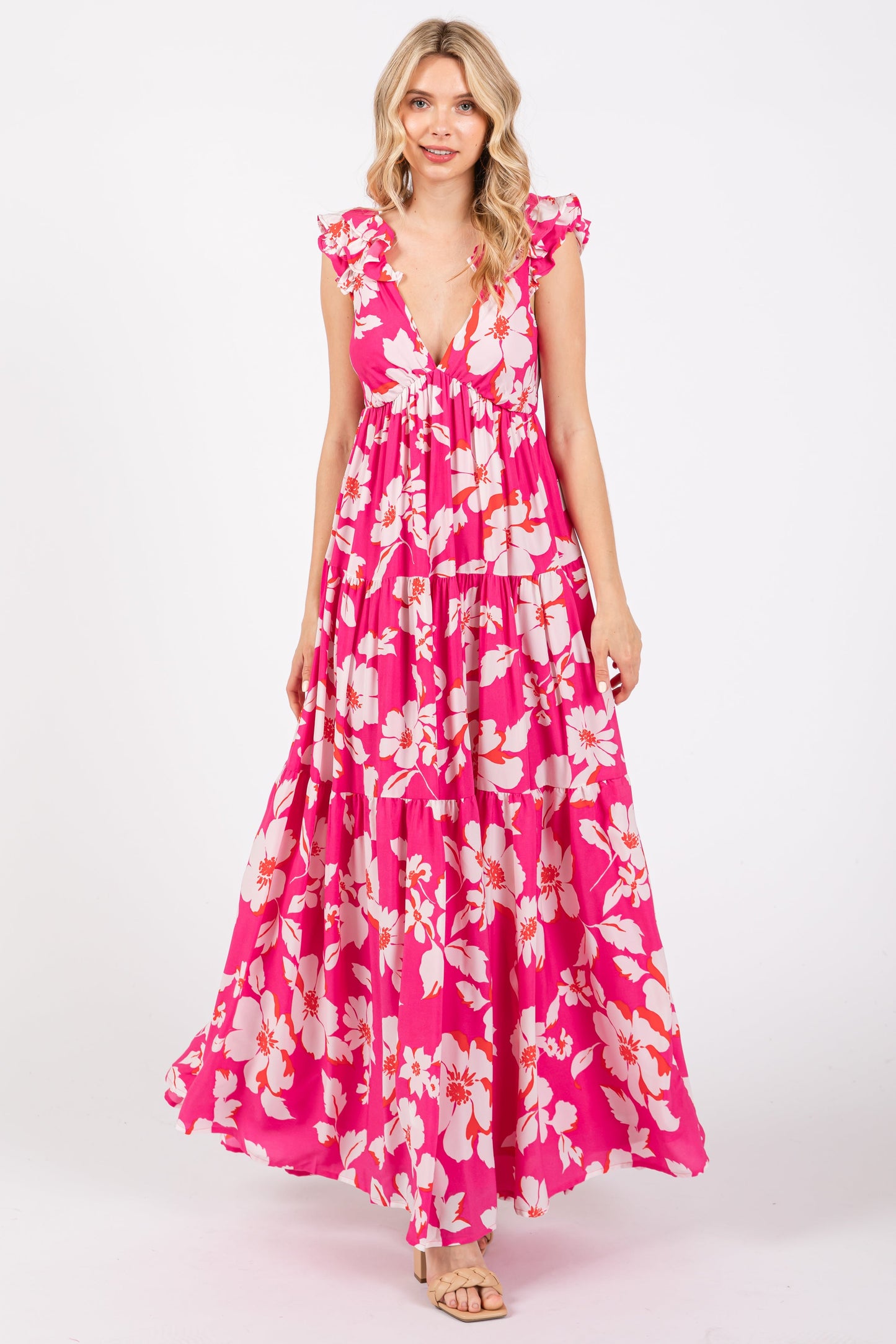 Fuchsia Floral Deep V-Neck Open Back Maternity Maxi Dress