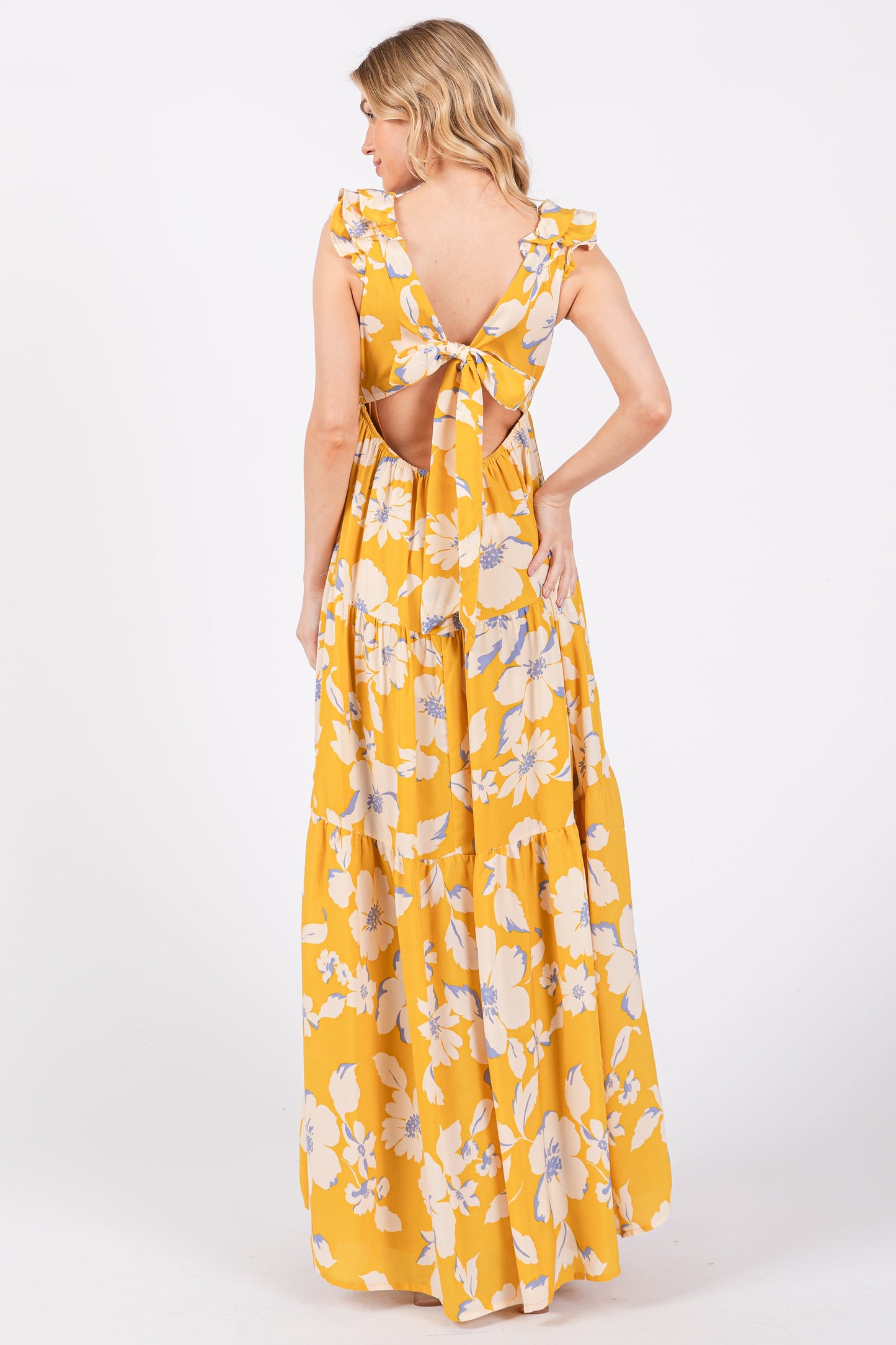 Yellow Floral Deep V-Neck Open Back Maxi Dress