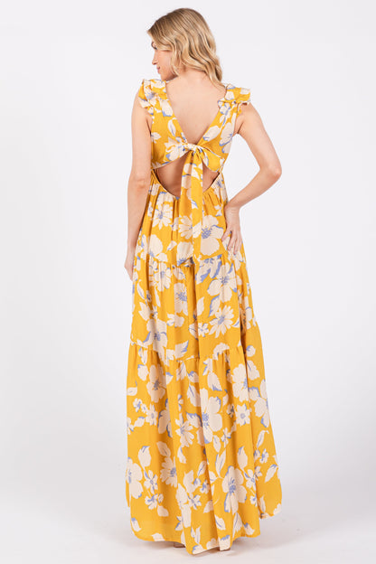 Yellow Floral Deep V-Neck Open Back Maxi Dress