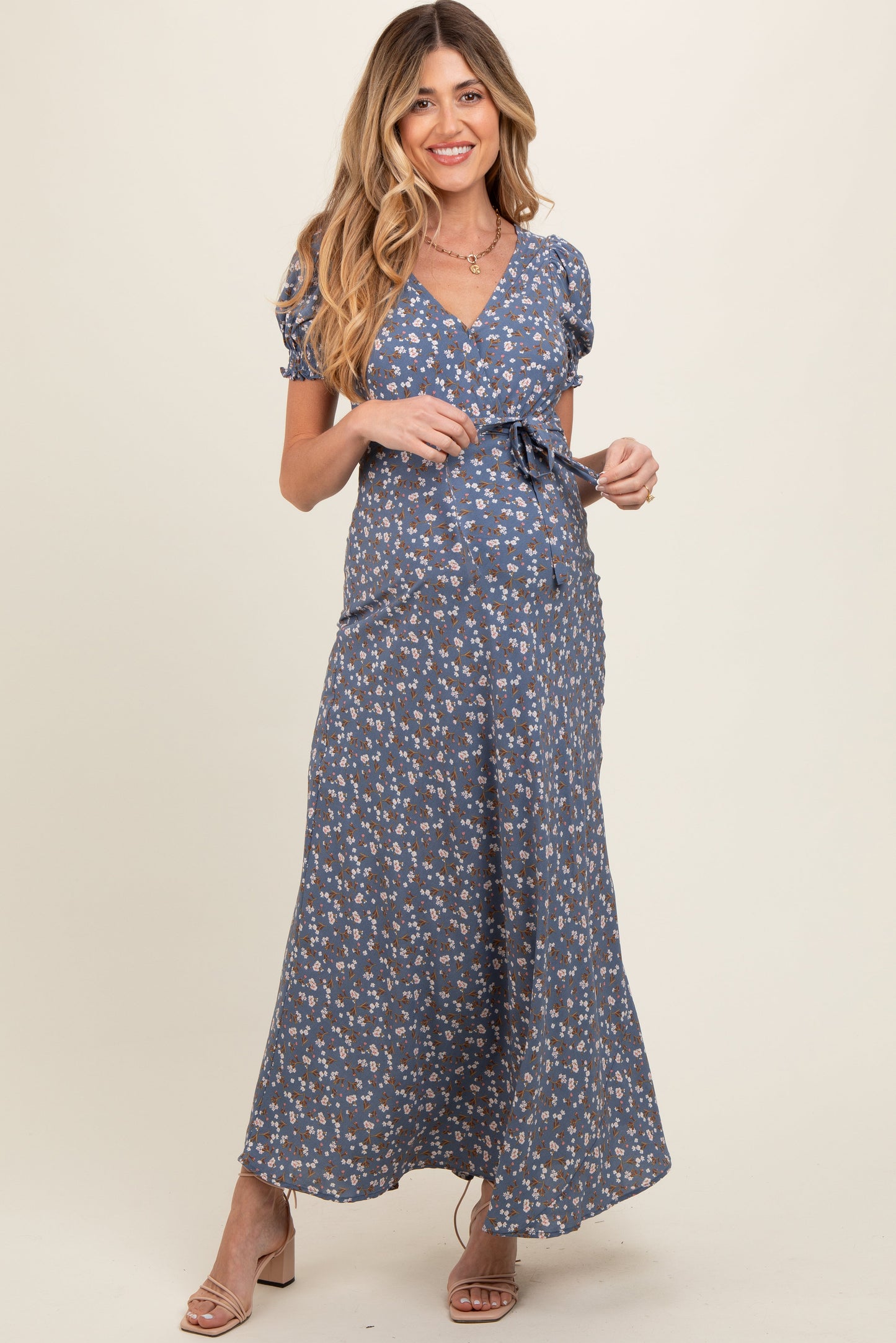Blue Floral Puff Sleeve V Neck Maternity Maxi Dress