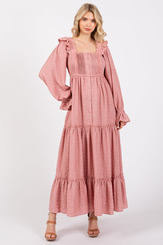 Mauve Button Pleated Front Square Neck Ruffle Tiered Maxi Dress