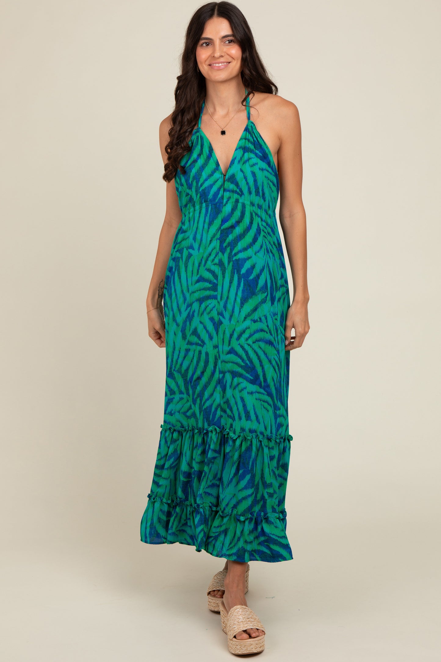 Green Leaf Print Halter Maternity Maxi Dress