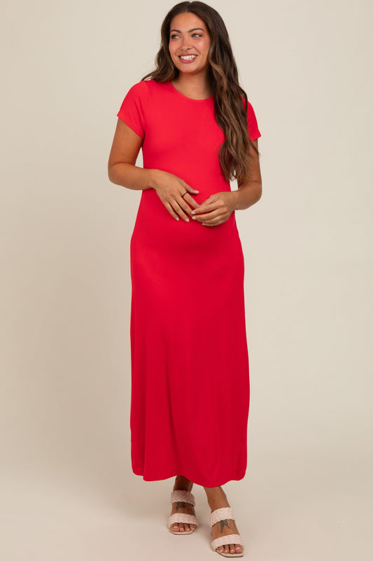 Red Short Sleeve Maternity Midi T-Shirt Dress