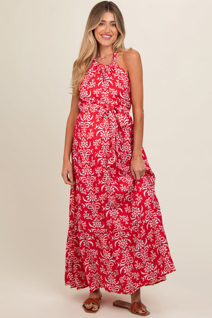 Red Paisley Halter Cross Back Maternity Maxi Dress