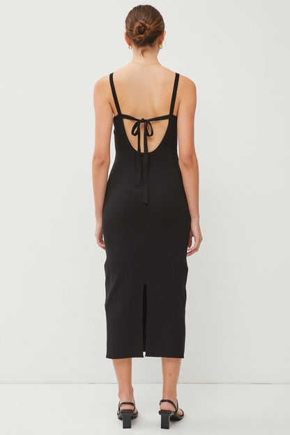 Black Knit Open Tie Back Midi Dress