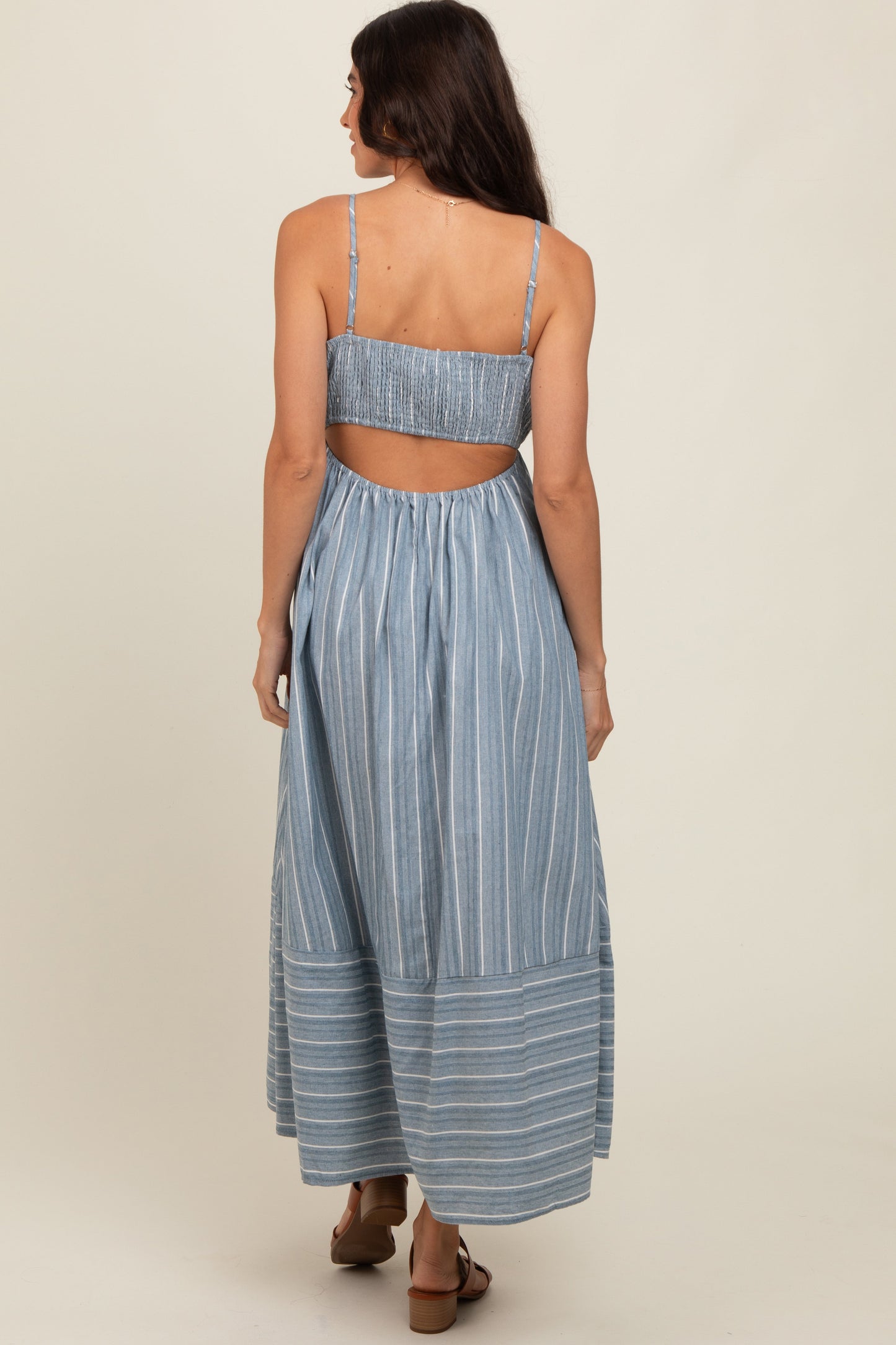 Navy Striped Cutout Back Maxi Dress