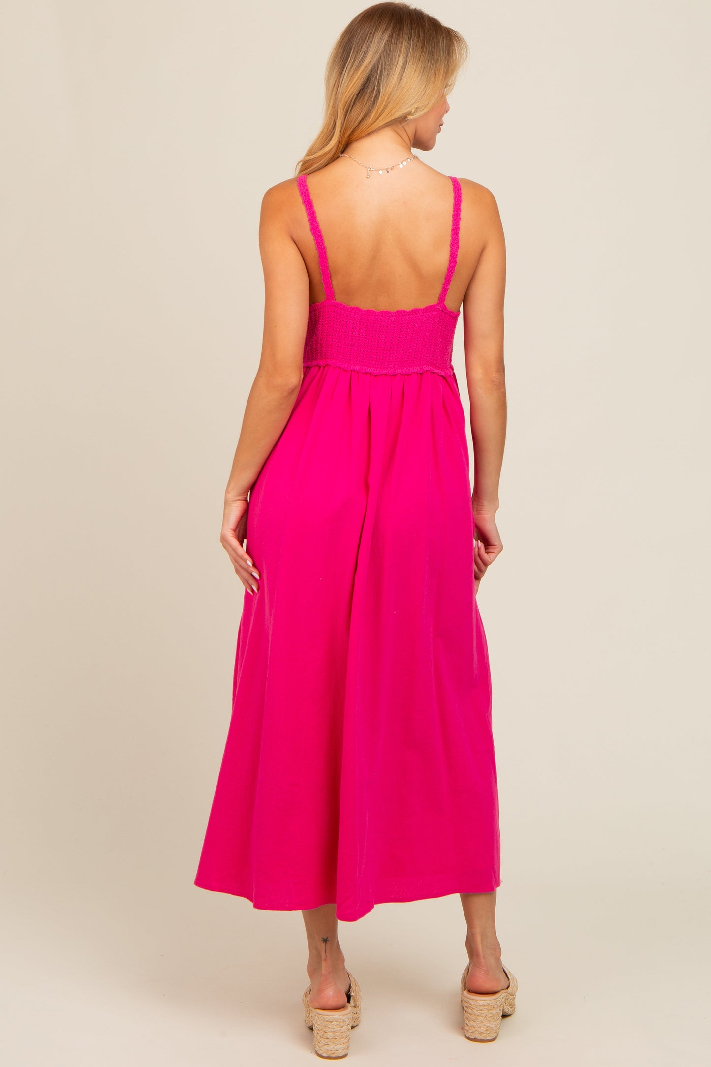 Fuchsia V-Neck Crochet Top Midi Dress