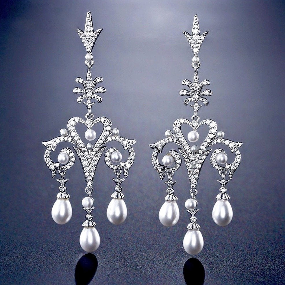 "Kacy" - Pearl and Cubic Zirconia Bridal Earrings