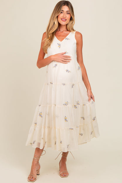Lavender Ditsy Floral Embroidered V Neck Tiered Maternity Dress