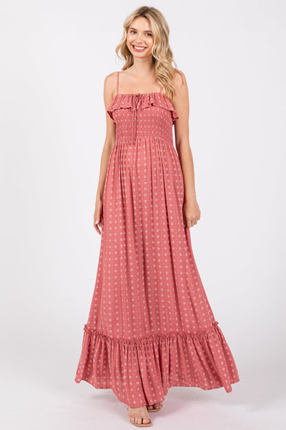 Mauve Smocked Sleeveless Floral Maxi Dress