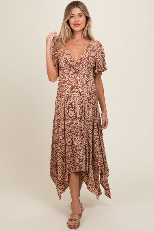 Brown Twist Front Cutout Maternity Maxi Dress