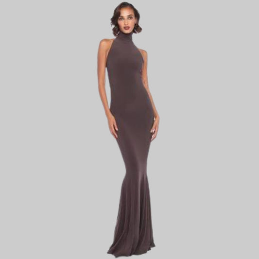NORMA KAMALI Halter Turtle Fishtail Gown 4-Way Stretch Womens Sz S/36 Chocolate