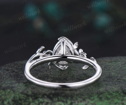 Pear cut moissanite engagement ring vintage three stone natural sapphire leaf floral ring women jewelry
