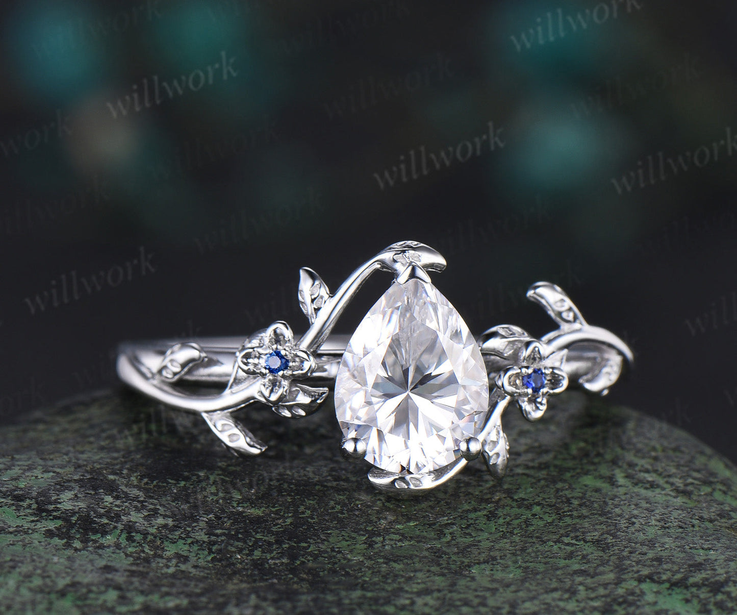 Pear cut moissanite engagement ring vintage three stone natural sapphire leaf floral ring women jewelry