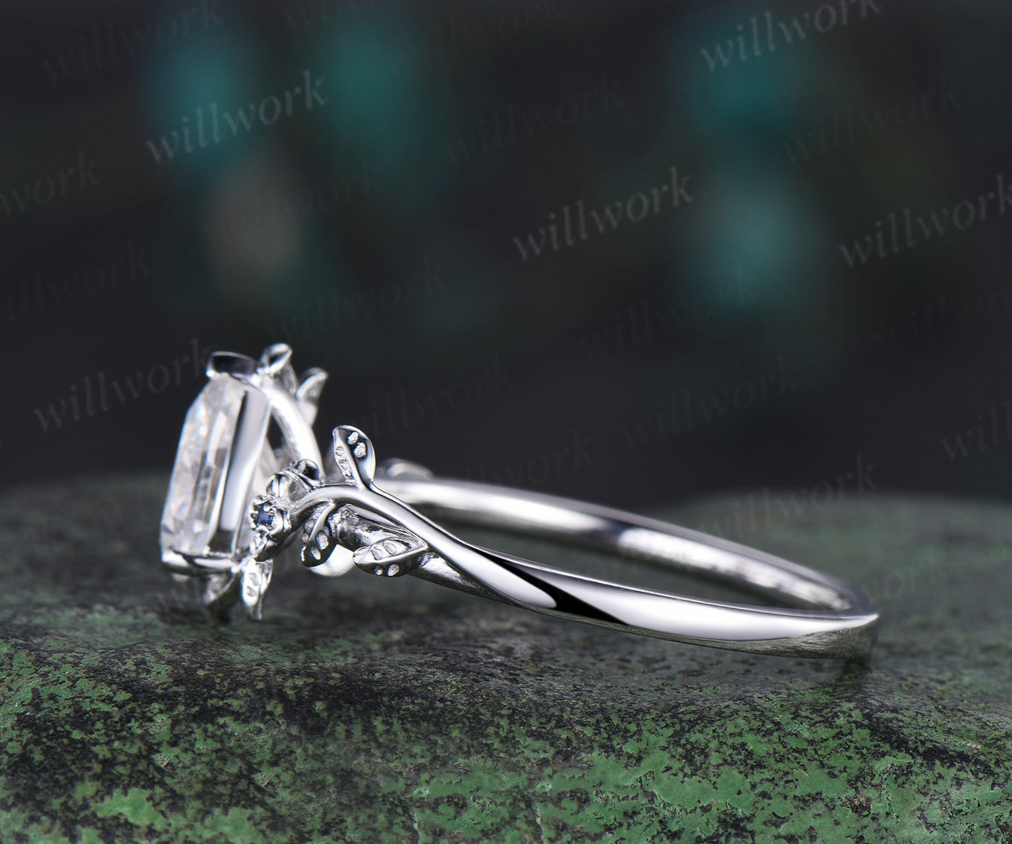 Pear cut moissanite engagement ring vintage three stone natural sapphire leaf floral ring women jewelry