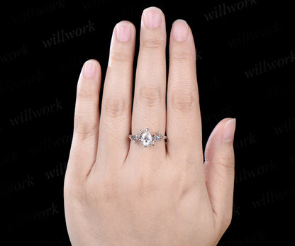 Pear cut moissanite engagement ring vintage three stone natural sapphire leaf floral ring women jewelry
