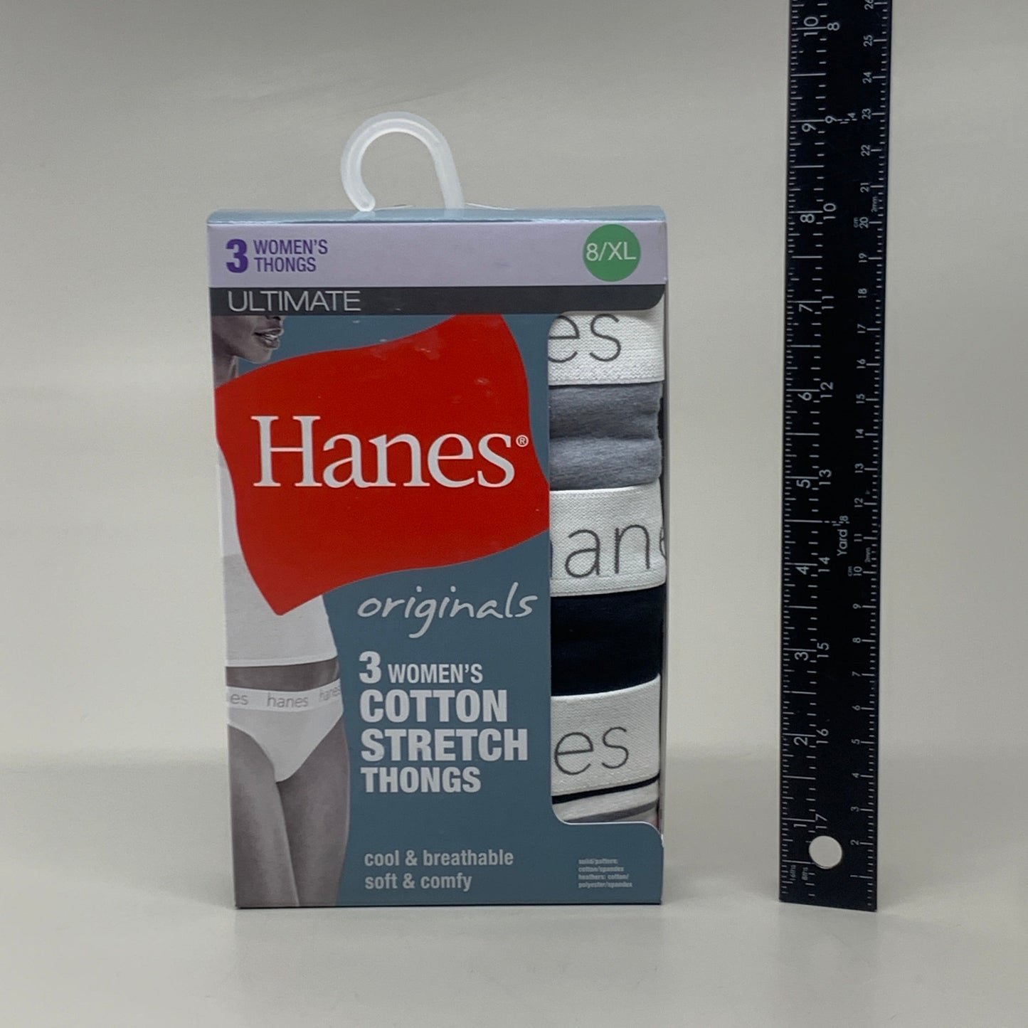 HANES 3 PACK!! Originals Women's Breathable Cotton Stretch Thongs Underwear Sz 8/XL Black/Heather/Stripe 45U0BT