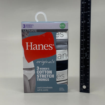 HANES 3 PACK!! Originals Women's Breathable Cotton Stretch Thongs Underwear Sz 8/XL Black/Heather/Stripe 45U0BT