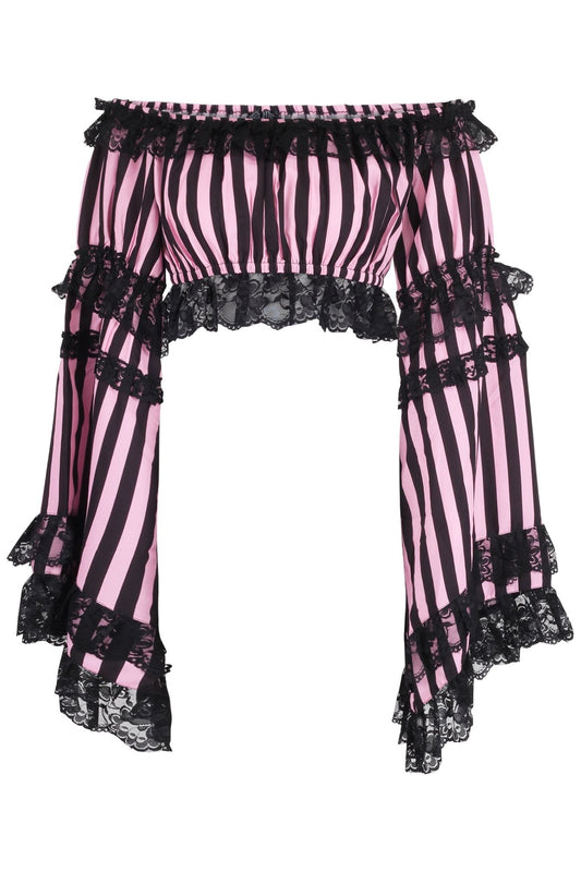 Black/Pink Striped Smocked Flare Sleeve Peasant Top