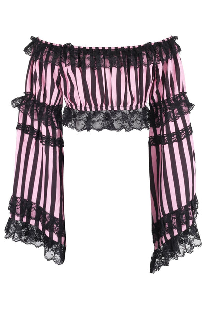 Black/Pink Striped Smocked Flare Sleeve Peasant Top